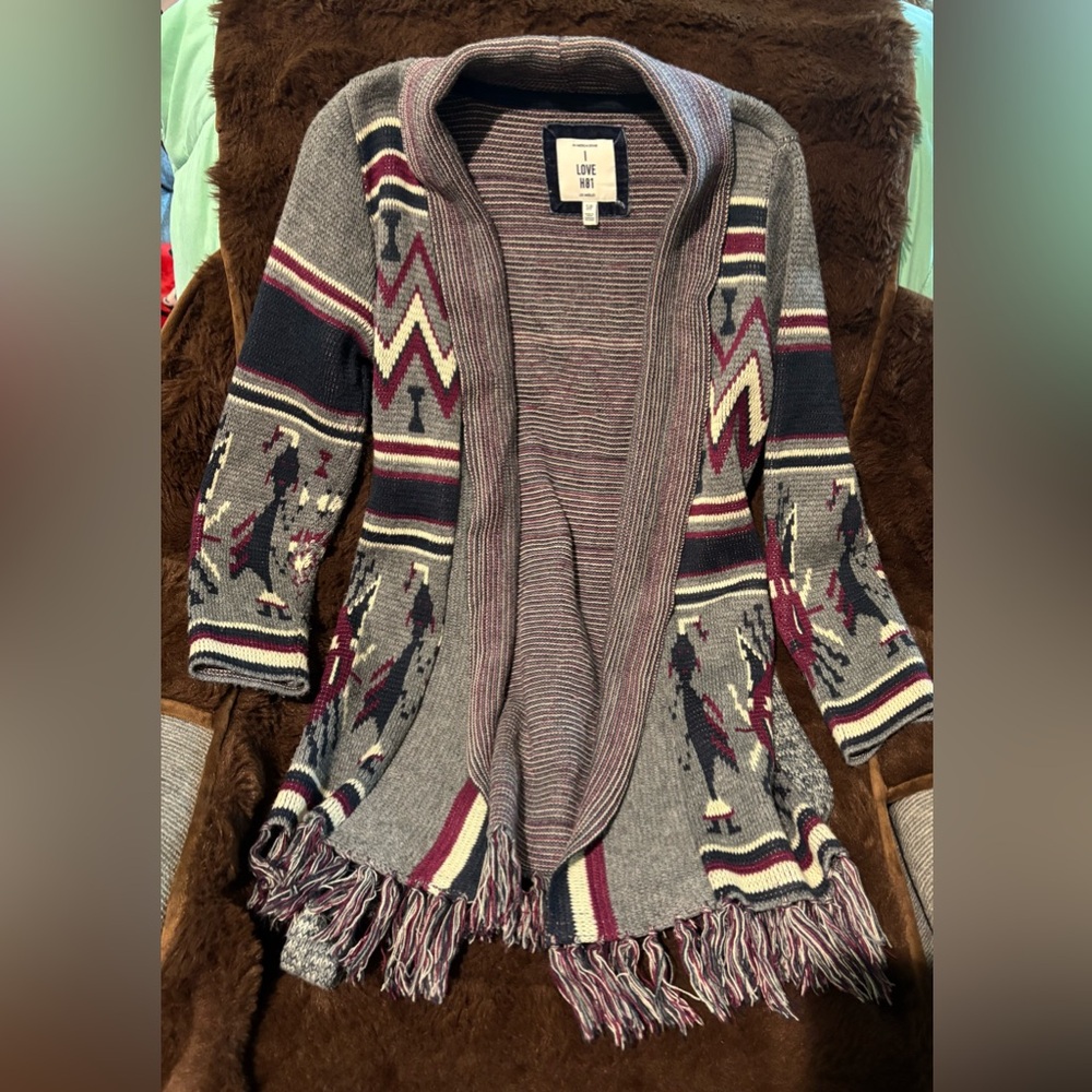Love Gray and Red Cardigan Sweater with Geometric Design